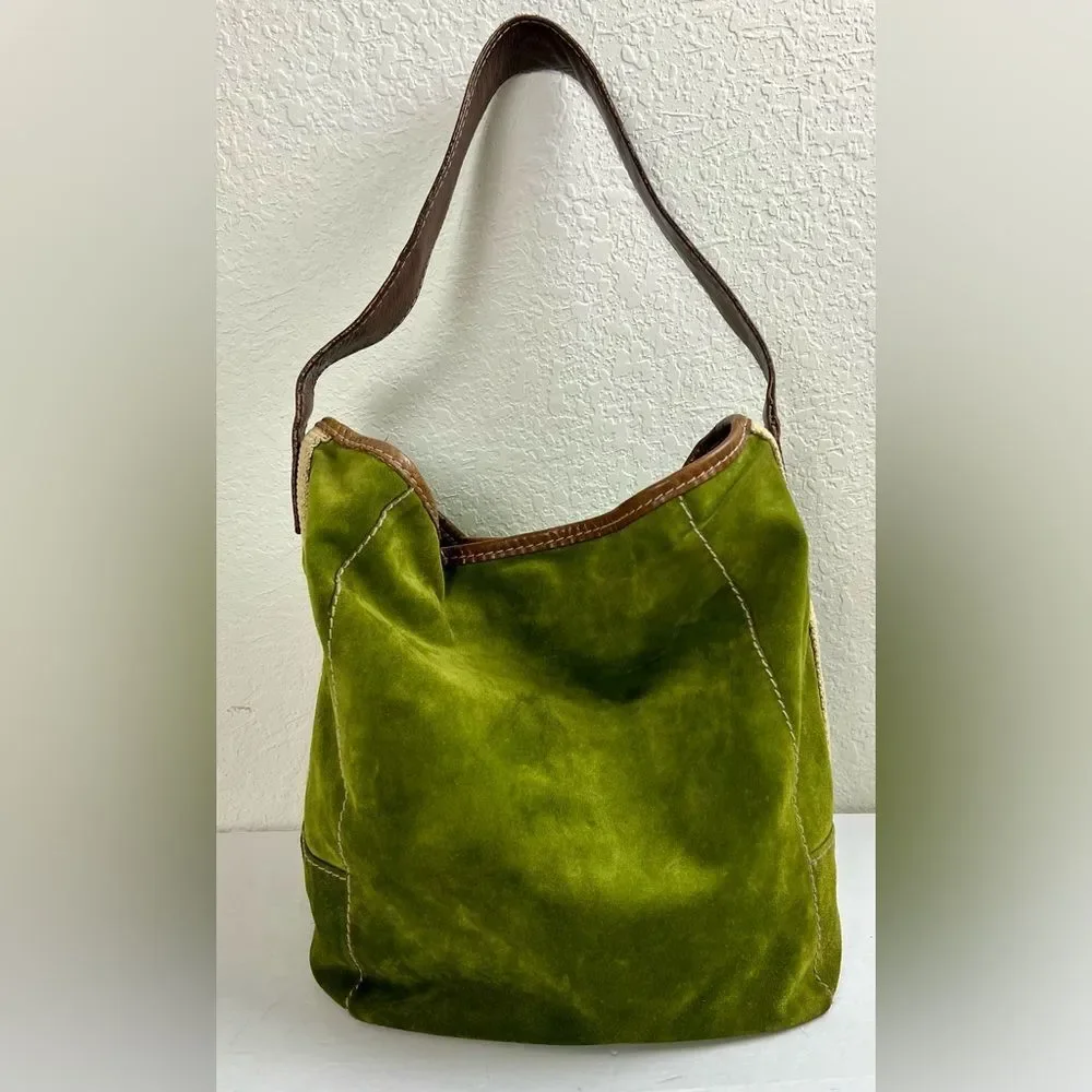 Vintage Ruehl No. 925 Green Suede and Brown Leather Tote